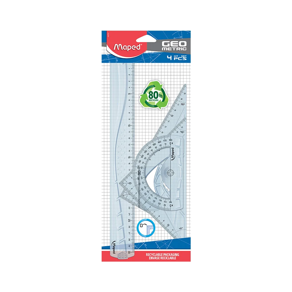 Kit de traçage Geometric 4 pièces plastique - 2 équerres + 1 règle + 1 rapporteur