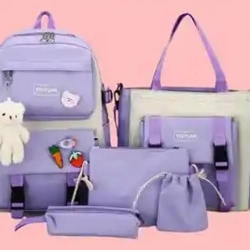 Ensemble sac à dos scolaire filles - 5PCs : sac à dos Kawaii, 2 trousses à crayons,