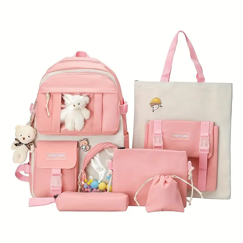 Sac à dos – 5 pcs. Sac d'école avec accessoires en peluche, sac de déjeuner, trousse à crayons, sac à main et porte-monnaie