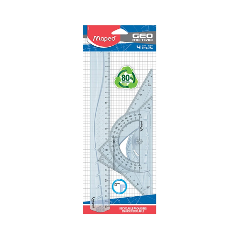  Kit de traçage Geometric 4 pièces plastique - 2 équerres + 1 règle + 1 rapporteur 